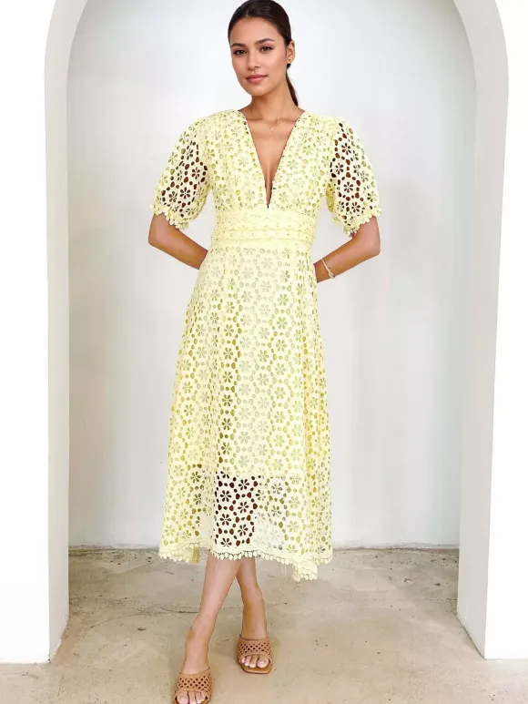 Lace Dress V-neck Puff Sleeve A-line Midi Dress For Women 2026
