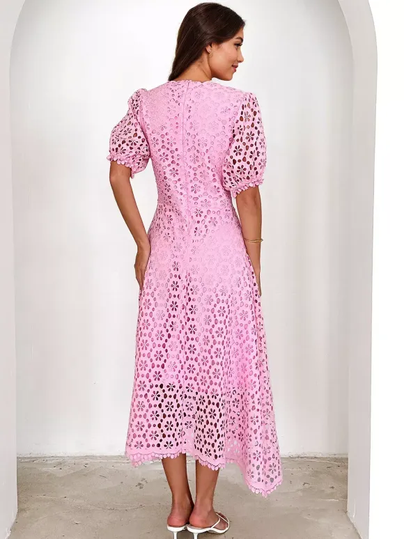 Lace Dress V-neck Puff Sleeve A-line Midi Dress For Women 2026