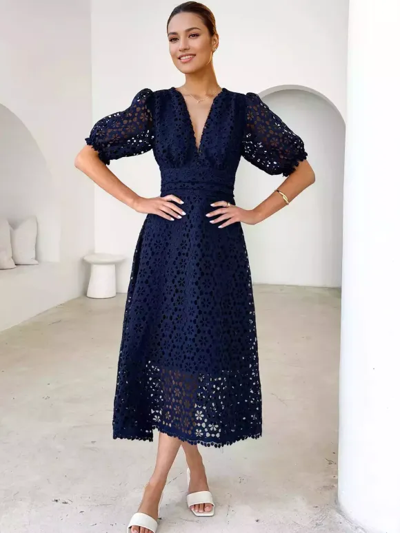 Lace Dress V-neck Puff Sleeve A-line Midi Dress For Women 2026