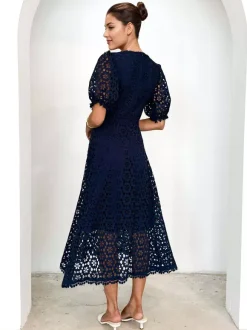 Lace Dress V-neck Puff Sleeve A-line Midi Dress For Women 2026