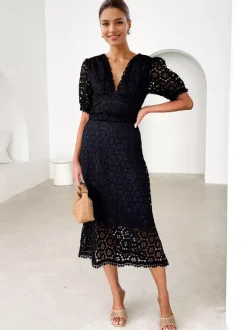 Lace Dress V-neck Puff Sleeve A-line Midi Dress For Women 2026