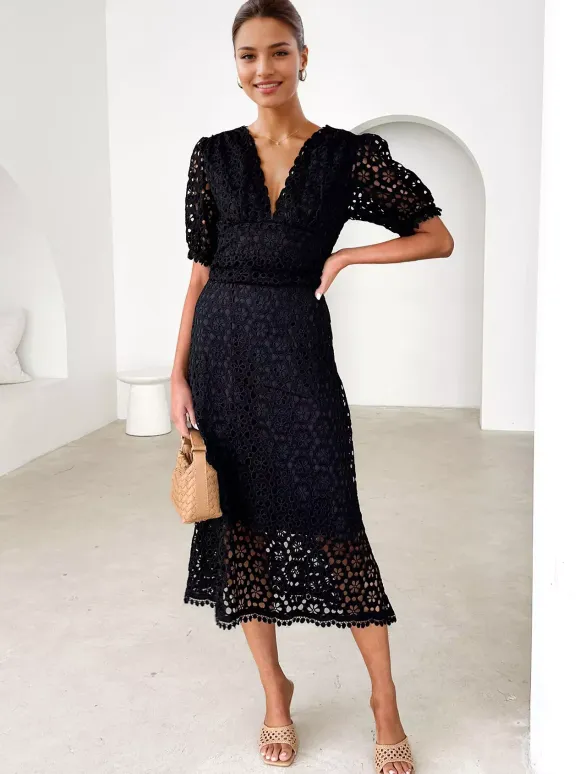 Lace Dress V-neck Puff Sleeve A-line Midi Dress For Women 2026