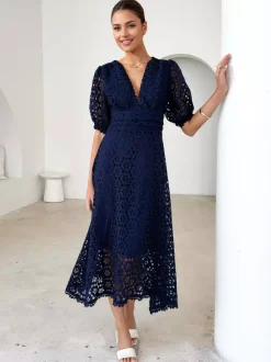 Lace Dress V-neck Puff Sleeve A-line Midi Dress For Women 2026