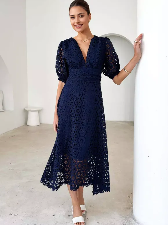 Lace Dress V-neck Puff Sleeve A-line Midi Dress For Women 2026