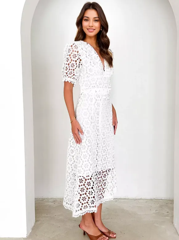 Lace Dress V-neck Puff Sleeve A-line Midi Dress For Women 2026