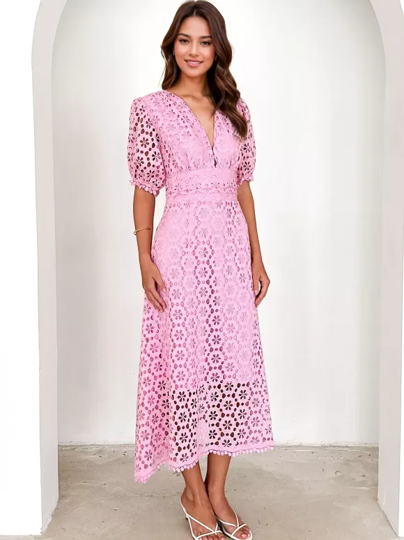 Lace Dress V-neck Puff Sleeve A-line Midi Dress For Women 2026