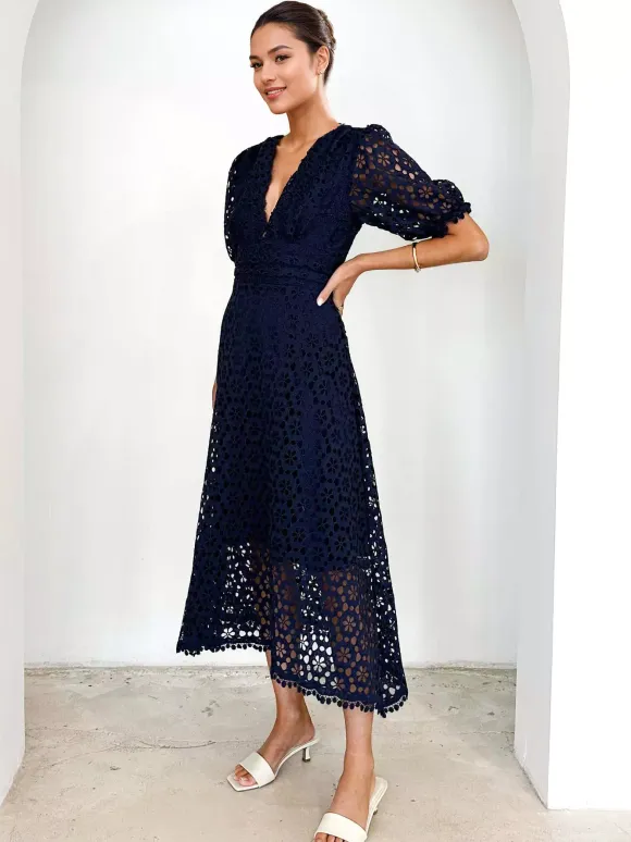 Lace Dress V-neck Puff Sleeve A-line Midi Dress For Women 2026