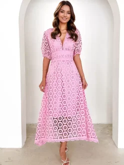 Lace Dress V-neck Puff Sleeve A-line Midi Dress For Women 2026