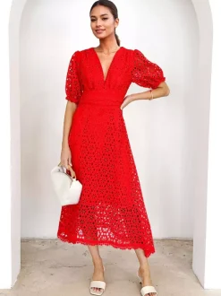 Lace Dress V-neck Puff Sleeve A-line Midi Dress For Women 2026
