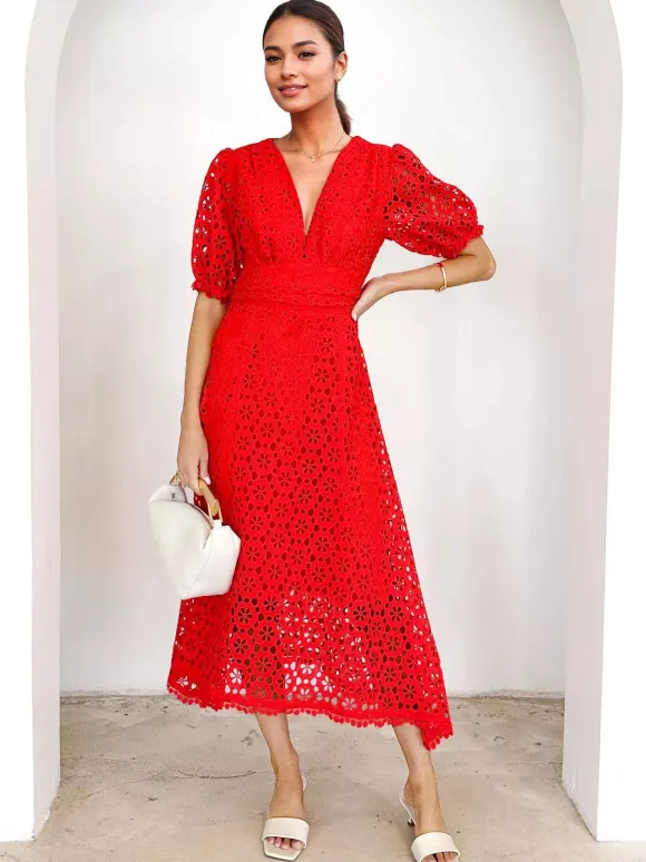 Lace Dress V-neck Puff Sleeve A-line Midi Dress For Women 2026