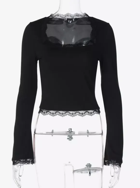 Lace Edge Square Neck Flare Sleeve Slim Basic Long Sleeve Top