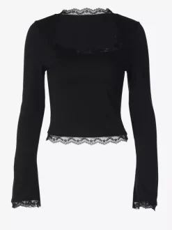 Lace Edge Square Neck Flare Sleeve Slim Basic Long Sleeve Top