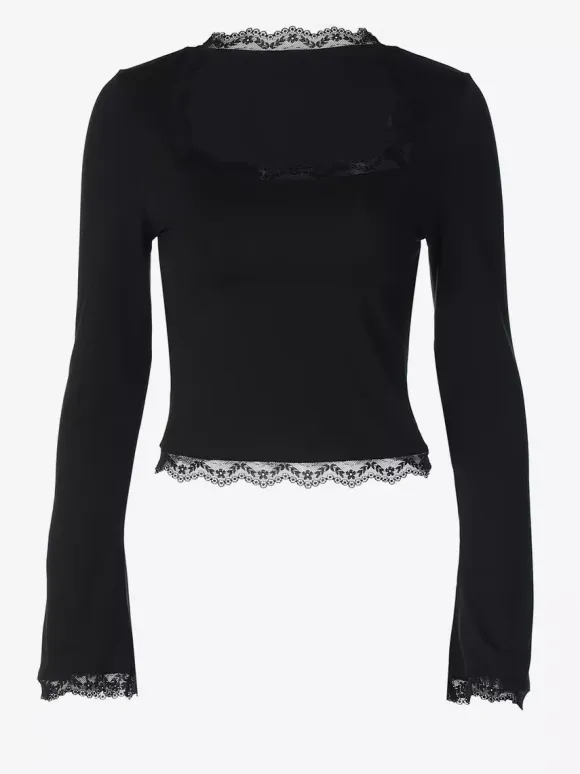 Lace Edge Square Neck Flare Sleeve Slim Basic Long Sleeve Top
