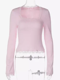 Lace Edge Square Neck Flare Sleeve Slim Basic Long Sleeve Top