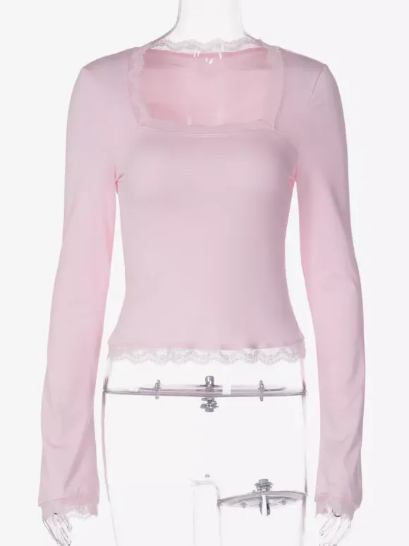 Lace Edge Square Neck Flare Sleeve Slim Basic Long Sleeve Top