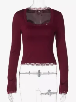 Lace Edge Square Neck Flare Sleeve Slim Basic Long Sleeve Top