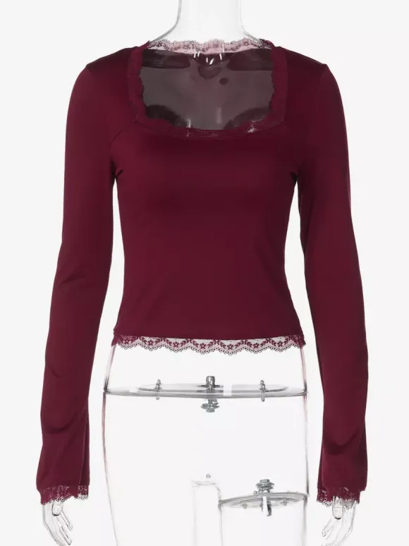 Lace Edge Square Neck Flare Sleeve Slim Basic Long Sleeve Top
