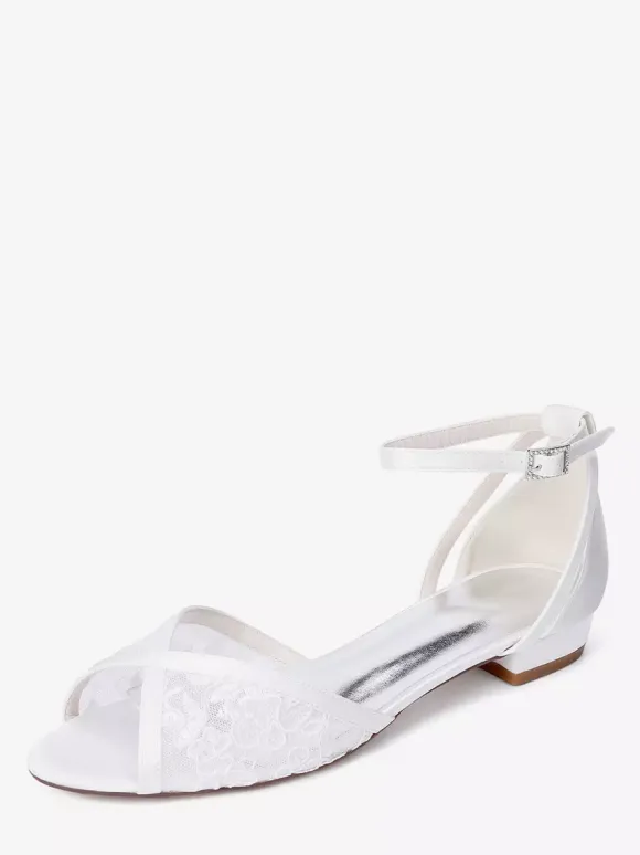Lace Flat Wedding Shoes Open Toe Ankle Strap Bridal Shoes
