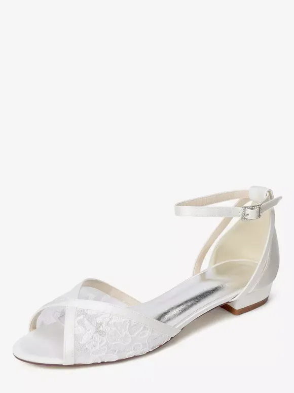 Lace Flat Wedding Shoes Open Toe Ankle Strap Bridal Shoes