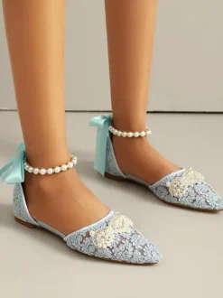 Lace Flat Wedding Shoes Pointed Toe Rhinestones Ankle Strap Bridal Shoes