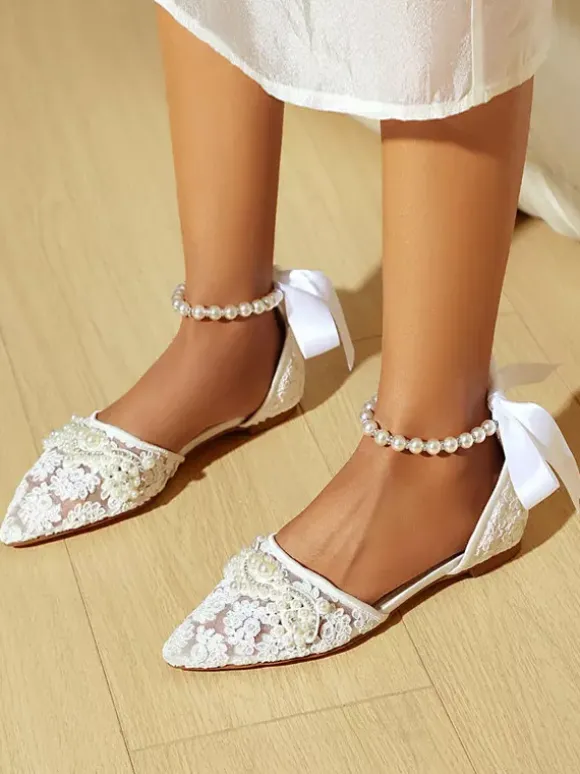 Lace Flat Wedding Shoes Pointed Toe Rhinestones Ankle Strap Bridal Shoes