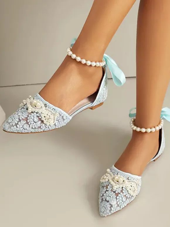Lace Flat Wedding Shoes Pointed Toe Rhinestones Ankle Strap Bridal Shoes