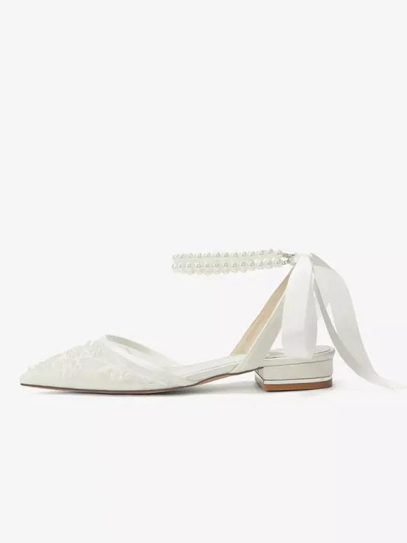 Lace Flat Wedding Shoes Pointed Toe Pearls Ankle Strap Bridal Shoes