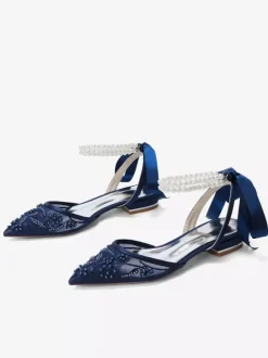 Lace Flat Wedding Shoes Pointed Toe Pearls Ankle Strap Bridal Shoes