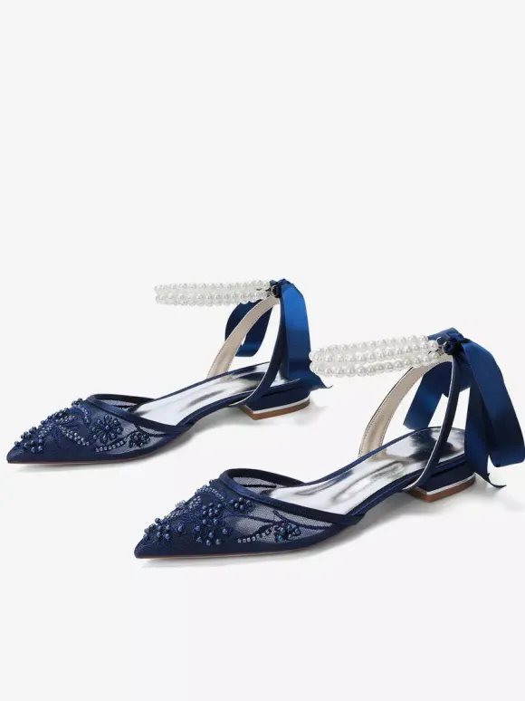 Lace Flat Wedding Shoes Pointed Toe Pearls Ankle Strap Bridal Shoes