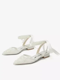 Lace Flat Wedding Shoes Pointed Toe Pearls Ankle Strap Bridal Shoes