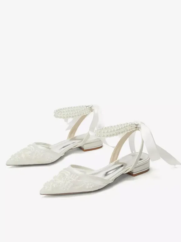 Lace Flat Wedding Shoes Pointed Toe Pearls Ankle Strap Bridal Shoes