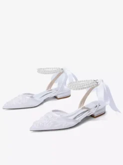 Lace Flat Wedding Shoes Pointed Toe Pearls Ankle Strap Bridal Shoes