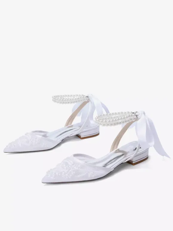 Lace Flat Wedding Shoes Pointed Toe Pearls Ankle Strap Bridal Shoes