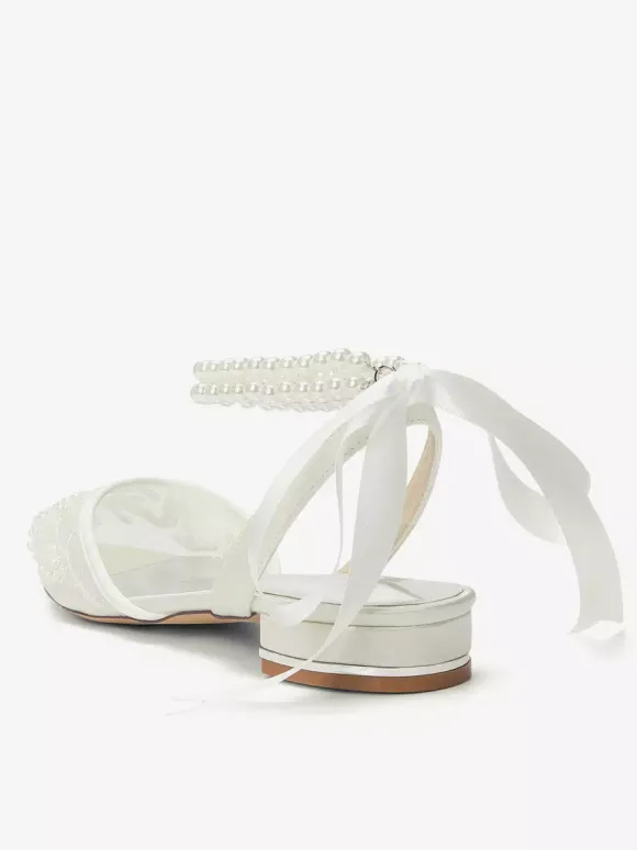 Lace Flat Wedding Shoes Pointed Toe Pearls Ankle Strap Bridal Shoes