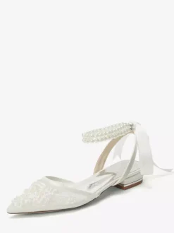 Lace Flat Wedding Shoes Pointed Toe Pearls Ankle Strap Bridal Shoes