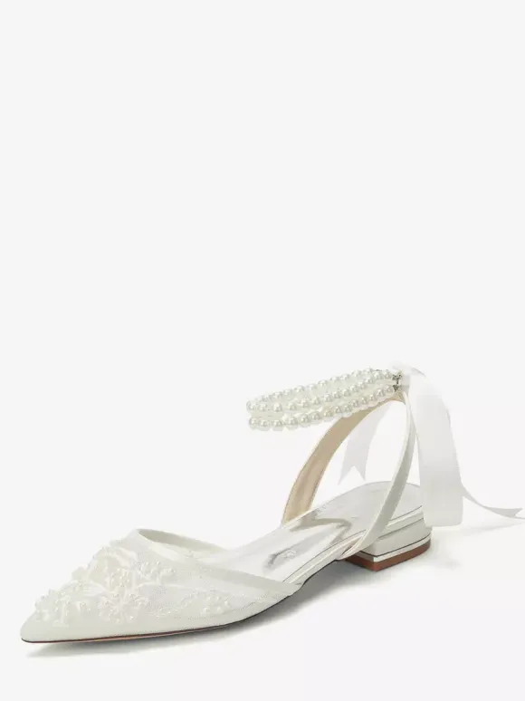 Lace Flat Wedding Shoes Pointed Toe Pearls Ankle Strap Bridal Shoes