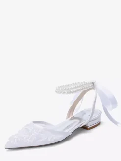 Lace Flat Wedding Shoes Pointed Toe Pearls Ankle Strap Bridal Shoes