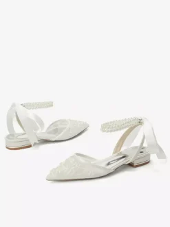 Lace Flat Wedding Shoes Pointed Toe Pearls Ankle Strap Bridal Shoes