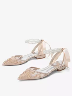 Lace Flat Wedding Shoes Pointed Toe Pearls Ankle Strap Bridal Shoes