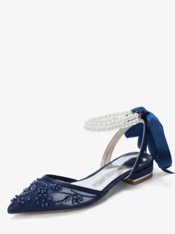 Lace Flat Wedding Shoes Pointed Toe Pearls Ankle Strap Bridal Shoes