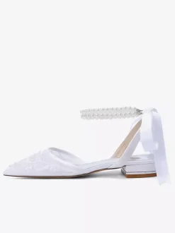 Lace Flat Wedding Shoes Pointed Toe Pearls Ankle Strap Bridal Shoes