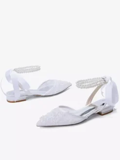 Lace Flat Wedding Shoes Pointed Toe Pearls Ankle Strap Bridal Shoes