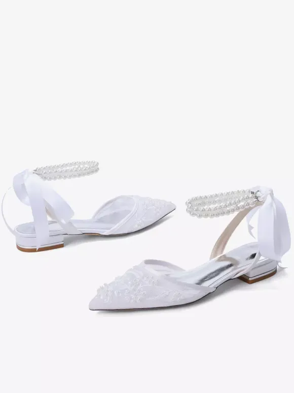 Lace Flat Wedding Shoes Pointed Toe Pearls Ankle Strap Bridal Shoes