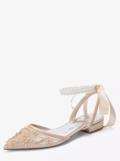 Lace Flat Wedding Shoes Pointed Toe Pearls Ankle Strap Bridal Shoes