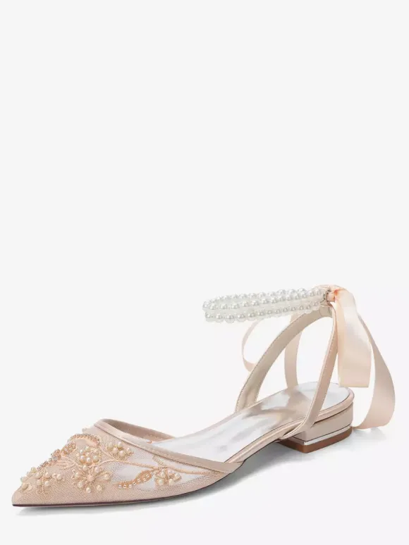 Lace Flat Wedding Shoes Pointed Toe Pearls Ankle Strap Bridal Shoes