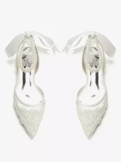 Lace Flat Wedding Shoes Pointed Toe Pearls Ankle Strap Bridal Shoes