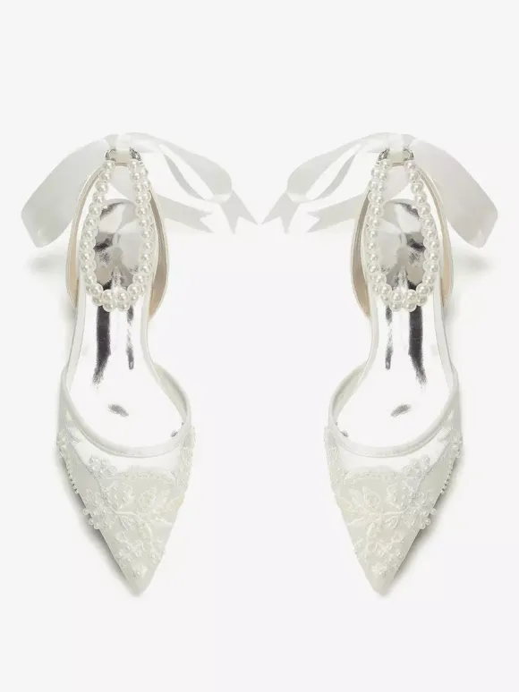 Lace Flat Wedding Shoes Pointed Toe Pearls Ankle Strap Bridal Shoes