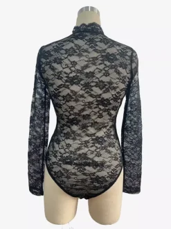 Lace Floral Mock Neck Long Sleeve Slim Fit Bodysuit For Women 2026