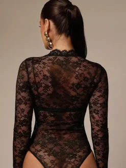 Lace Floral Mock Neck Long Sleeve Slim Fit Bodysuit For Women 2026