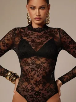 Lace Floral Mock Neck Long Sleeve Slim Fit Bodysuit For Women 2026